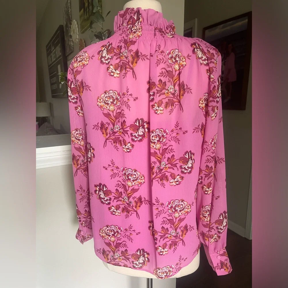 J Crew pink floral sheer drapey tie neck ruffle blouse top S